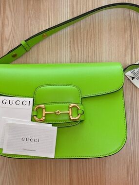 Brand New Gucci Neon Green Leather Shoulder Bag with Gold Horsebit